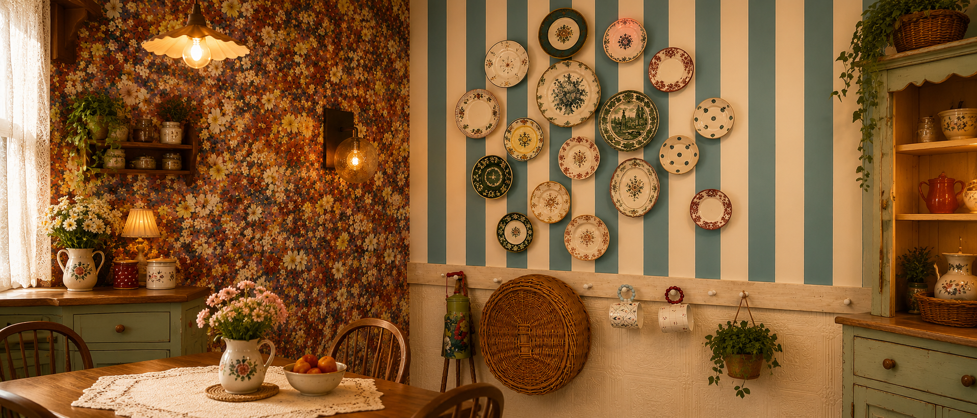 Tableware arranged in a warm vintage kitchen